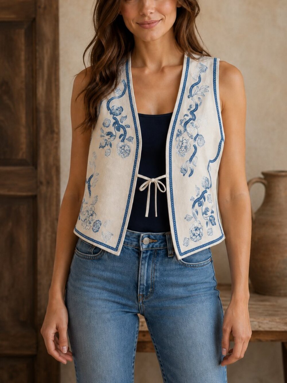 Driftwood Ravishing Roset Tie Front Sweater Vest V-Neck Knit Cream Size L
